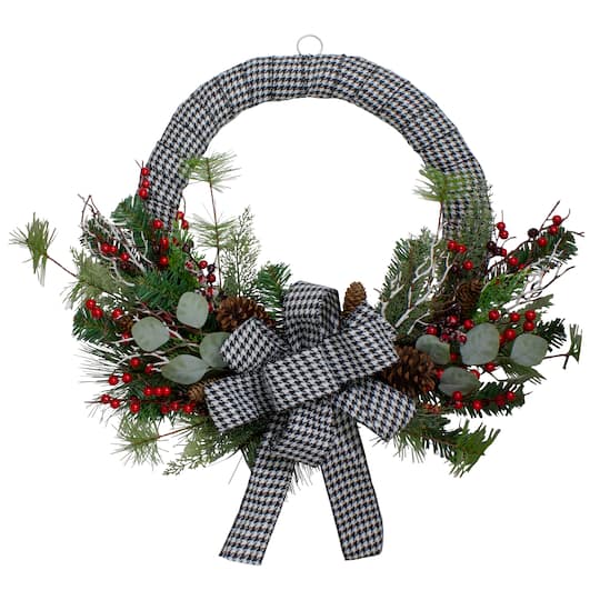 24" Black & White Houndstooth, Pine & Berry Wreath